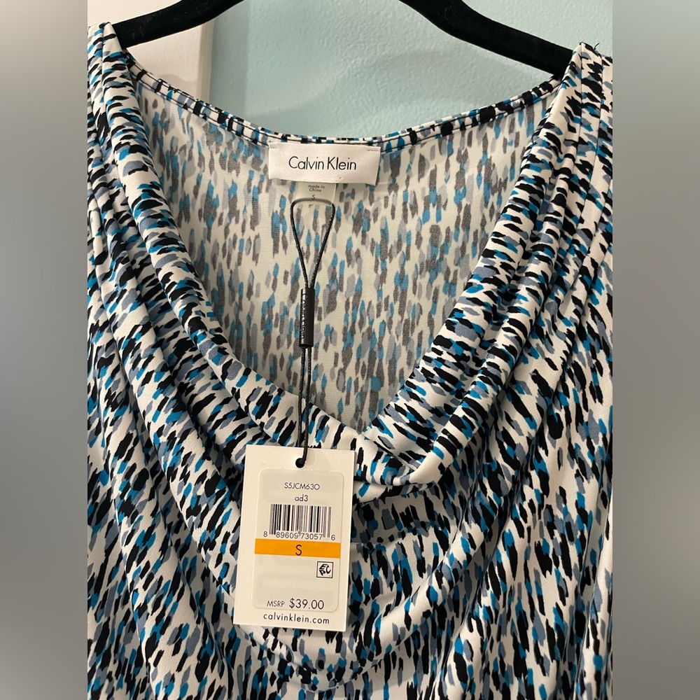 Calvin Klein Blue & White Printed Cowl Neck Blouse - Picture 6 of 6